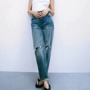 Zara The New Daddy Heavily Distressed Straight Leg Blue Jeans Size 4